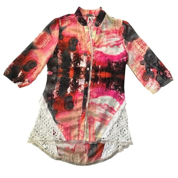 Gimmicks by BKE Art Deco Watercolor Chiffon Lace Tunic Women’s Size Small - Picture 2 of 16